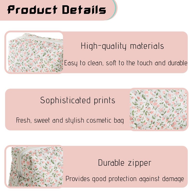 ZEPIQOR Floral Quilted Large Capacity Soft Cotton Cosmetic Bag for