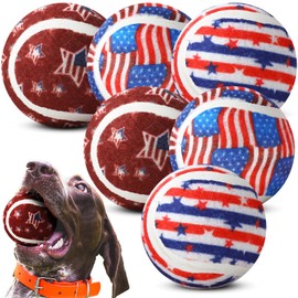 Suilung 6 Pcs 4th of July Dog Tennis Ball 2.5 Inches Independence Day Pet Teething Chew Toys USA Flag Tennis Ball for Large Medium Small Dog Aggressive Exercise Training Catching