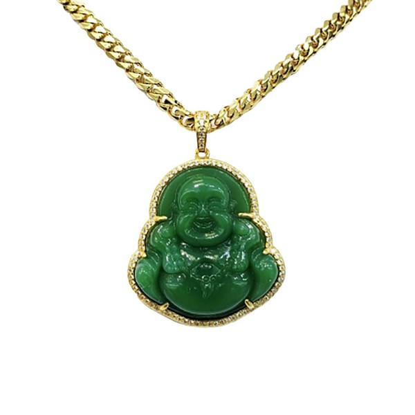 Smiling Happy Iced Laughing Buddha Green Jade Pendant Miami Cuban