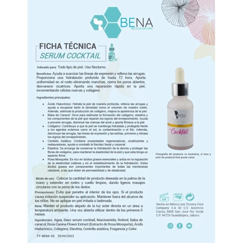 BENA Belleza natural Serum Facial Acido Hialuronico Baba De Caracol