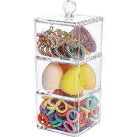 Organizador de accesorios para el cabello para niñas, 3 recipientes de almacenamiento apilables con tapas, recipientes de baño de acrílico transparente, soporte para corbata de pelo