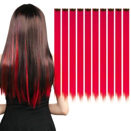 KAIYAYA Pack of 10 Coloured Hair Extensions, Hair Strands for Clip-in Extensions, Children's Hair Extensions, Heat Resistant Hairpieces, Clips for Women, Girls, Children, Party (Chinese Red)