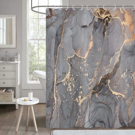 Hnmdmyi Shower Curtain Marble Look Grey 90 x 180 cm Glitter Shower Curtains Gold Crack Abstract Modern Luxury Art Bath Curtain Waterproof Polyester Fabric Washable Bath Curtain for Bathroom with Hooks