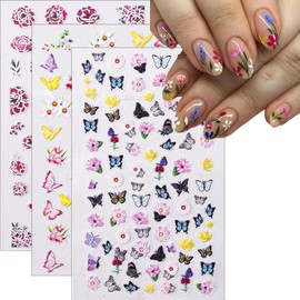 Flower Nail Stickers 3 Sheets Stickers for Nails Art Design with Butterfly Floral Nail Decals Self-Adhesive Stickers DIY Decoration Spring Summer Nail Art Supplies