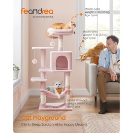 Feandrea Cat Tree, 44.1-Inch Cat Tower, Plush Multi-Level Condo with 4 Scratching Posts, 2 Perches, Hammock, Cave, Jelly Pink UPCT261P01