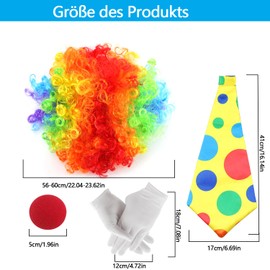Fosoloni Pack of 5 Clown Costume Accessories, Clown Costume Men, Clown Curly Wig, Clown Nose, White Gloves, Colourful Tie, Clown Costume Accessory for Art Event, Carnival Costume Cosplay