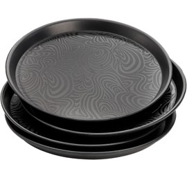Hacaroa 4 Pack Round Restaurant Serving Trays, 11.5 Inch Plastic Food Service Trays Non-skid Food Platter for Cafeteria, Bar, Coffee Shop, Hotel, Tailed Lines, Black
