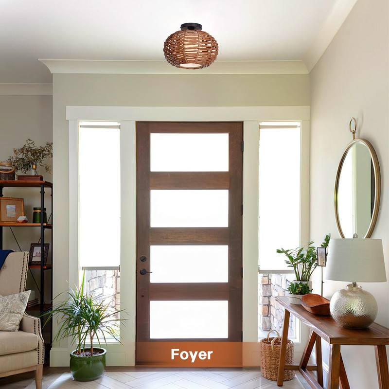 CALOKES Boho Semi Flush Mount Ceiling Light, Rattan Style Hand