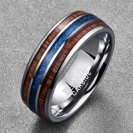 VAKKI Domed Tungsten Carbide Rings for Men Blue Imitated Meteorite Inlay Hawaiian Koa Wood Wedding Bands Size O 1/2