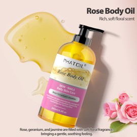 PHATOIL Rose Body Oil with Pump, 260 ml (8.8 fl.oz) Premium Quality Massage Oil for All Skin Types, Blends of Natural Plant Oils and Essential Oils