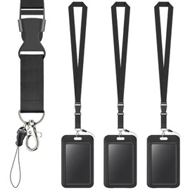Uniclife Sliding Badge Holder Hard Black Vertical Plastic Card Case Protector with Lanyard Strap Metal Buckle and Clip for Office School ID Credit Proximity Key Card Driver’s License and Pass, 3 Pack