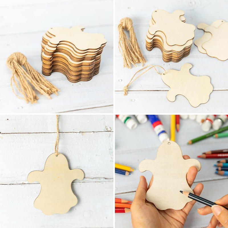 Halloween Ghost Shape Unfinished Wood Happy Halloween Hanging Wood with