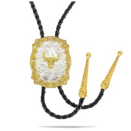 Yjfeshion Western bolo tie Longhorn Skull Bullhead Cowboy Necklace Prayer Cross Bola tie Cowboy Medal Design Handmade Leather Necktie Accessories for Men Women Two Color Engraved Golden Bullhead