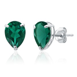 MAX + STONE 14k White Gold Teardrop Created Green Emerald Pear Shape Stud Earrings for Women with Push Backs and 8mm x 6mm May Birthstone