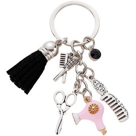 COLORFUL BLING Hairdresser Hair Dryer Scissor Comb Keychain with Tassel and Diamond Hair Stylist for Barber-pink