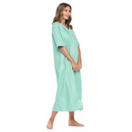 Casual Nights Women's Zip Front Woven House Dress | 3/4 Sleeves Housecoat Long Duster Lounger, Striped Mint, Small