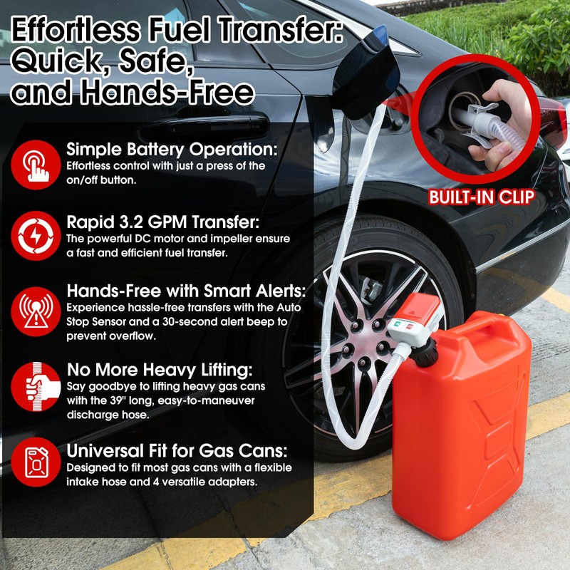Fuel Transfer Pump with Auto-Stop Sensor-3.2GPM,30s Alert Beep,Overfill Protection,51"Hose Transfer