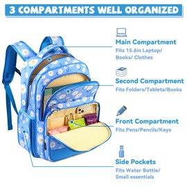 VASCHY Kids Backpack Girls Boys Cute 16 Inch Primary School Backpack with Chest Strap Buckle and Multiple Compartments, Daisy Blue, One Size, Casual