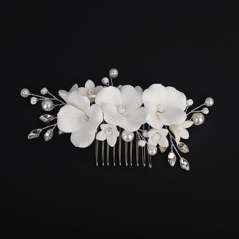 Teyglen Bride Wedding Hair Comb White Flower Pearl Hair Piece
