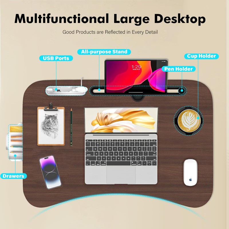 Lap Desk for Bed Adjustable Height, Foldable Bed Table with
