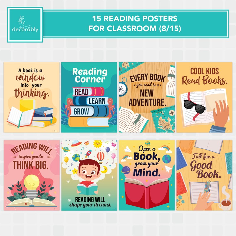 Decorably 15 Reading Posters for Classroom, Library Posters, 11x14in