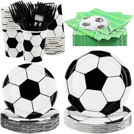 Durony - Juego de vajilla para fiesta de fútbol de 144 piezas, platos de papel, servilletas, tenedores, sirve 24 unidades, suministros para fiestas deportivas