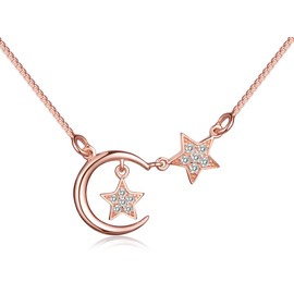 Yumilok Jewelry 925 Sterling Silver Rose Gold Plated Cubic Zirconia Elegant Moon Stars Pendant Necklace Necklet for Women/Girls