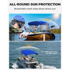 KEMIMOTO 4 Bow Bimini Top Replacement with Detachable Mesh Sidewalls 600D Marine Grade Canvas Heavy Duty Cover Boat Canopy Waterproof Sun Shade Easy Install Without Frame for Boats, Blue 97"-103" W