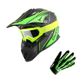 1Storm Adult Motocross Helmet BMX MX ATV Dirt Bike Downhill Mountain Bike Helmet Racing Style H637; Storm Green + Goggles + Skeleton Green Glove Bundle