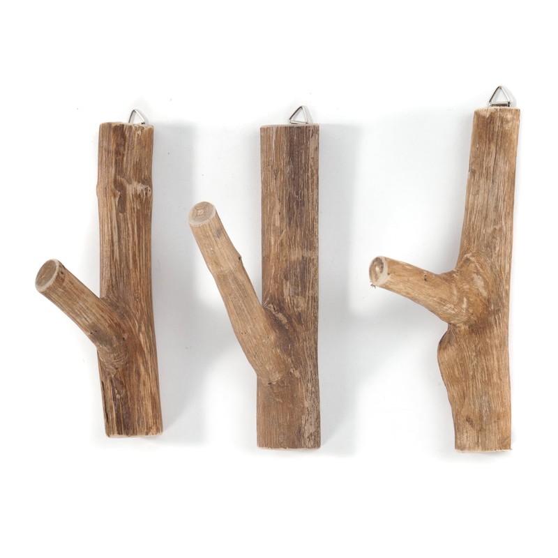 DESIGN DELIGHTS Set of 3 Wardrobe Hooks, Limb, Teak Root,