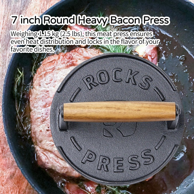 7 Inch Bacon Press, Heavy Duty Cast Iron Grill Press,