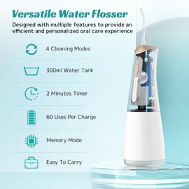 FlossJet Water Dental Flosser for Teeth Cordless with 300ML 4 Cleaning Modes 5 Jet Tips Portable Oral Irrigator USB-Powered Electric Flosser IPX7 Waterproof Irrigator Dental for Home and Travel White