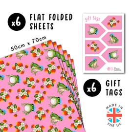 Central 23 - Pink Wrapping Paper - 6 Birthday Gift Wrap Sheets - For Women Girls Female - Frogs and Strawberries - Recyclable