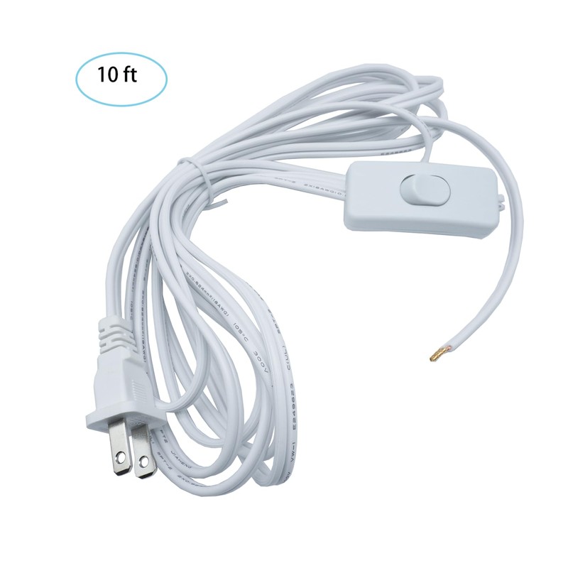 10FT Replacement Lamp Cord, White 18 AWG 2 Prong Extension