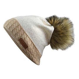 m.i.r.o.s Brittany Women's Winter Hat Beige White Handmade Pompom Hat, beige
