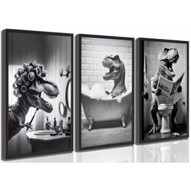 3Pcs Funny Bathroom Dinosaur Canvas Wall Art Dinosaur Sitting on The Toilet Reading The Newspaper Taking A Bath And Putting On Makeup Pictures Wall Decor Print Artwork for Toilet Washroom Unframed