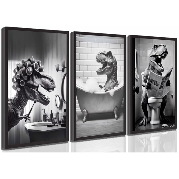 3Pcs Funny Bathroom Dinosaur Canvas Wall Art Dinosaur Sitting on