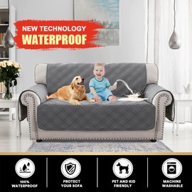 PrinceDeco 100% Waterproof Loveseat Covers for 2 Cushion Couch Sofa Covers Waterproof and Washable Sofa Slipcover with Side Pocket Furniture Protector with Elastic Straps(Loveseat 48", Grey)