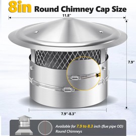 8 Inch Chimney Cap, 8" Stainless Steel Cone Top Chimney Cap with Screen, Adjustable and Reinforced Round Chimney Cap, Chimney Cover for Vents,Rain Cap for All-Round Chimney,8 Inch Round Chimney Cap