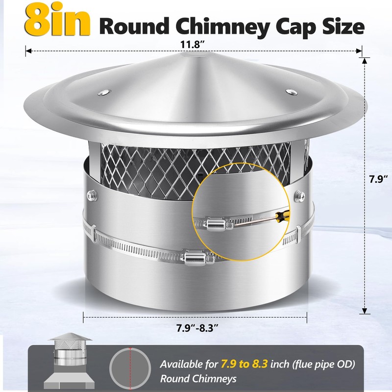 8 Inch Chimney Cap, 8" Stainless Steel Cone Top Chimney