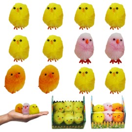 HOVUK 12Pcs Easter Fluffy Chicks, Assorted Colours, Adorable Face Chick Ornaments, Bonnet and Hunt Decor for Easter, Party Favours Supplies 4cm