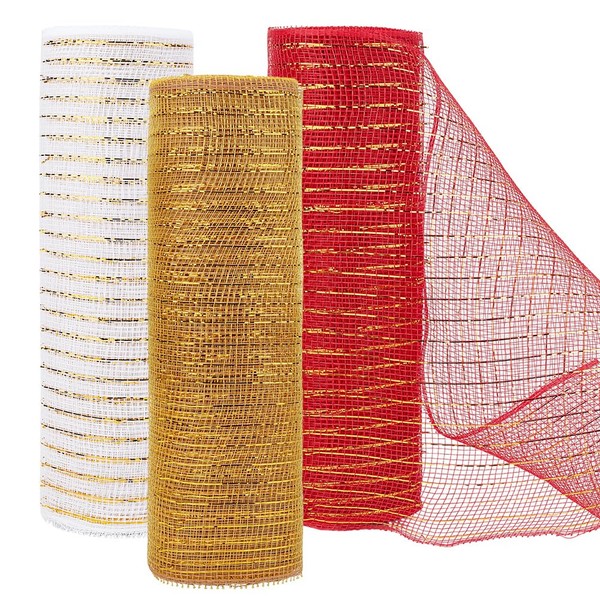 BENECREAT 3 Rolls 27m Gold Red White Mesh Ribbon, 26cm