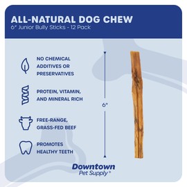 Downtown Pet Supply Bully Sticks for Dogs, Junior Size (6", 12-Pack) Rawhide Free Dog Chews Long Lasting Non-Splintering Pizzle Sticks - Low Odor Bully Sticks for Small Dogs