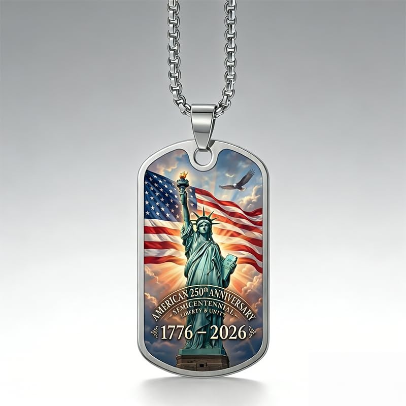 GuoShuang American 250th Anniversary Dog Tag Pendant Necklace, Silver Stainless