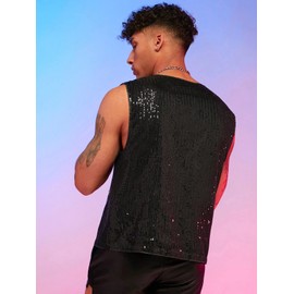 WDIRARA Men's Sequin Zipper Up Vest Fashion Solid Sleeveless V Neck Casual Jacket Black XL