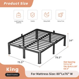 VIPSHOW 14 Inch King Heavy Duty 3500 lbs Bed Frame with Round-Corner Legs & Anti-Squeak Design – Quick Assembly Metal Platform, No Box Spring Needed