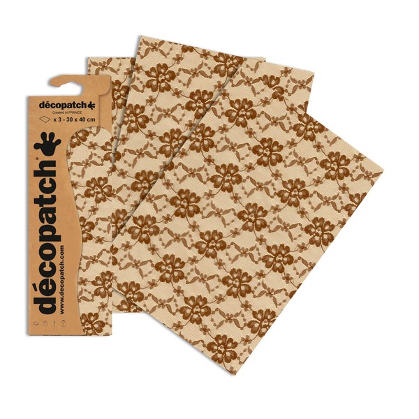 Décopatch C600O - Une pochette de 3 feuilles de papier imprimé 30x40 cm, Vichy, pois, rayé fleurs marron vintage