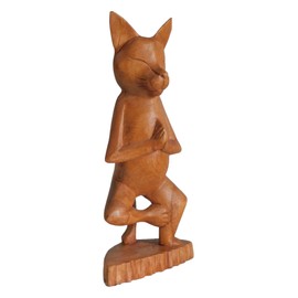 Brave Wings Hand Carved Wooden Cat ~ Meditating Cat 25.5cm High ~ Ornament Sculpture Figurine Statue Unique Table Decoration Home Decor ~ 5069