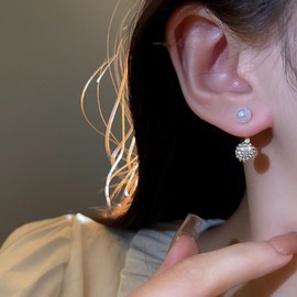 Cimenexe Bohemian Crystal Pearl Jacket Earrings Gold CZ Paved Ball Earrings Small Pearl Stud Earrings Round Rhinestone Pearl Earrings Jewellery for Women, Zinc, No Gemstone