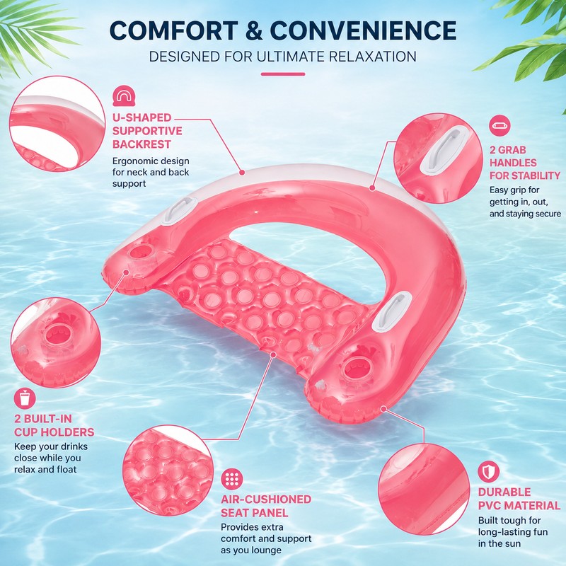 Inflatable Pool Lounge Chair for Adults – U-Shaped Backrest Float